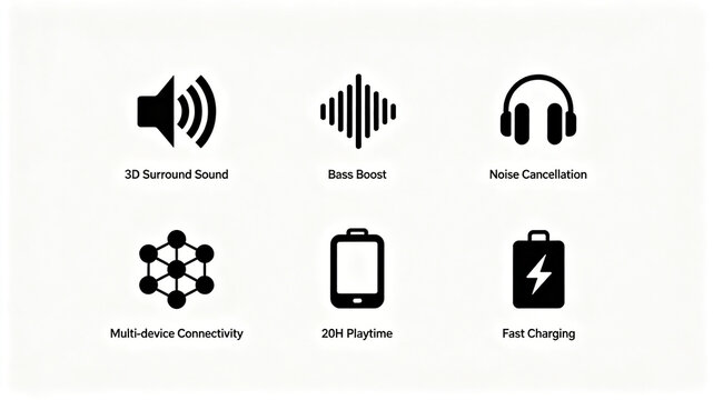 Black and white minimalist audio device function icon, selling points such as surround sound, noise reduction, and battery life, headphone audio e-commerce detail page, product poster.

