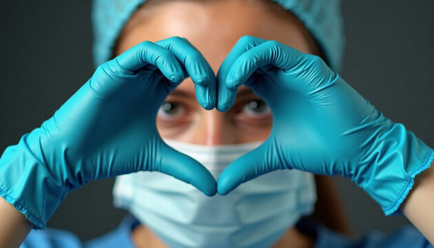 Female doctor or nurse in blue sterile medical gloves making heart shape gesture with hands. Healthcare charity, love and cardiology support concept