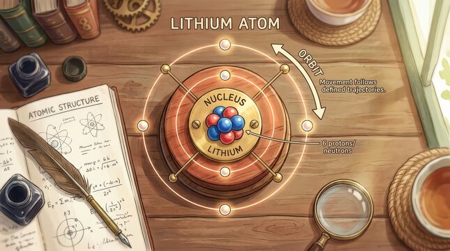Atomic Structure: Illustrative Model of a Lithium Atom with Nucleus, Orbits, and Scientific Notes on a Wooden Desk