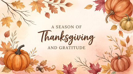 Fototapeta premium Elegant greeting card with festive text surrounded by watercolor pumpkins and autumn leaves on a light background, joyful seasonal message, Thanksgiving.