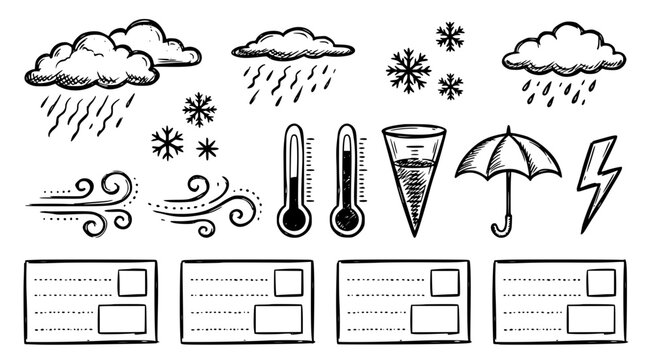 Weather forecasting doodle icons isolated on transparent background featuring clouds rain and temperature tools for meteorological charts and educational weather reports and design