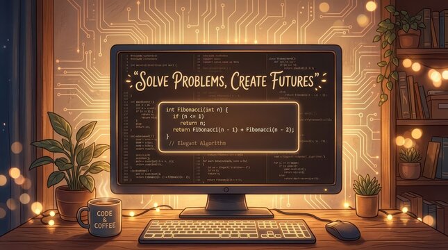 Cozy programming setup with a computer displaying code and inspirational quote, illuminated by fairy lights