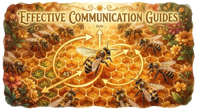 Bees communicating on a honeycomb, illustrating effective communication guides with arrows and text