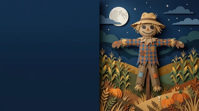 Scarecrow standing in autumn harvest field paper cut illustration 3D render