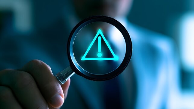 Glowing warning sign under magnifying glass, cyber security alert symbol, blue digital risk inspection image