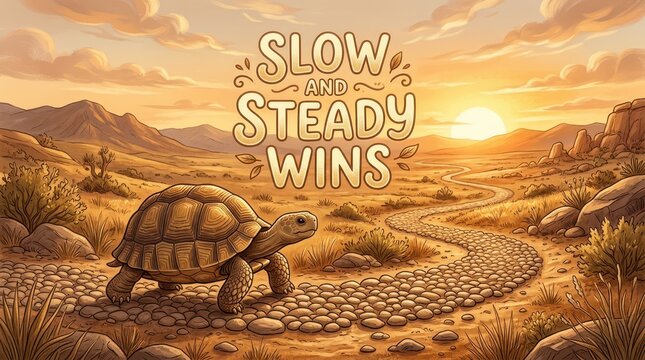 A tortoise walks on a cobblestone path in a desert landscape at sunset, symbolizing the proverb 'Slow and steady wins the race'.