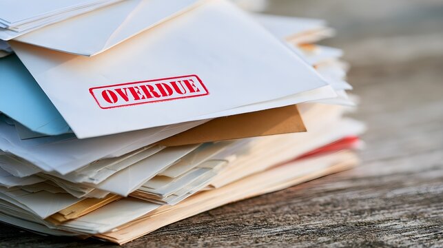 Overdue unpaid bills stack in envelopes, financial debt invoice collection concept, close up of paper mail notice