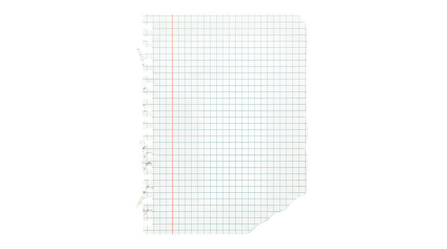 Torn graph paper sheet with blue grid lines, ripped notebook page on white background, school stationery for math and science notes