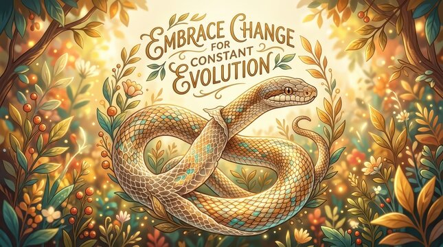 Embrace Change for Constant Evolution: Illustrated Snake Coiled Amidst Enchanted Forest Flora with Inspiring Text