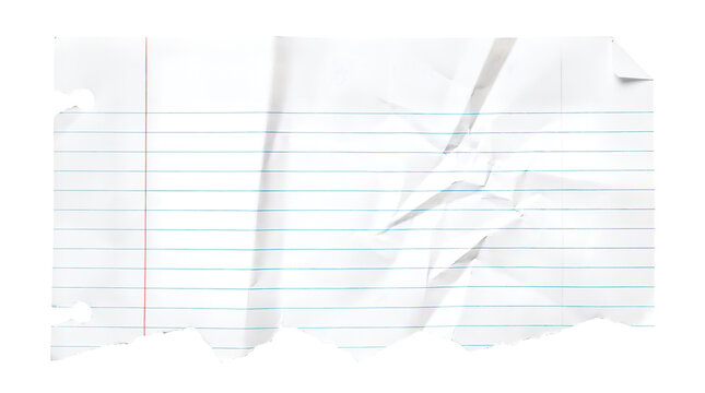 Crumpled lined paper scrap with torn edges, wrinkled white notebook page on white background, messy textured stationery for school notes