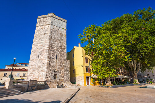 Five wells square and historic Captain's tower architecture in Zadar, Dalmatia, Croatia 