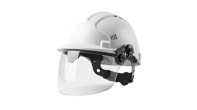 Industrial white hard hat with face shield, protective construction helmet with clear visor, safety headgear for engineering and site work