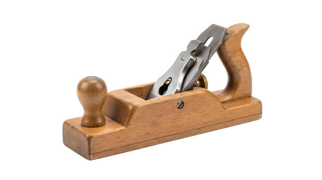 Vintage wooden hand plane, antique woodworking tool with steel blade, traditional carpenter equipment for joinery and craft
