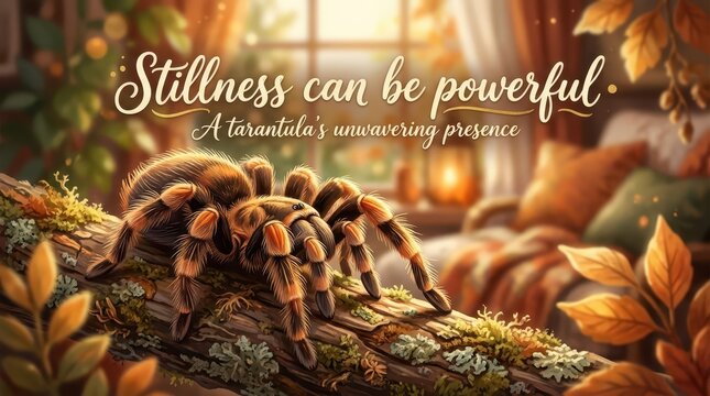 Close-up of a large tarantula spider resting on a moss-covered branch, with a cozy indoor scene and autumn leaves in the background, conveying stillne