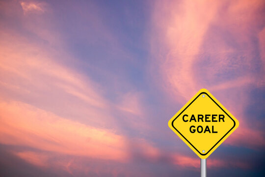 Yellow transportation sign with word career goal on violet color sky background