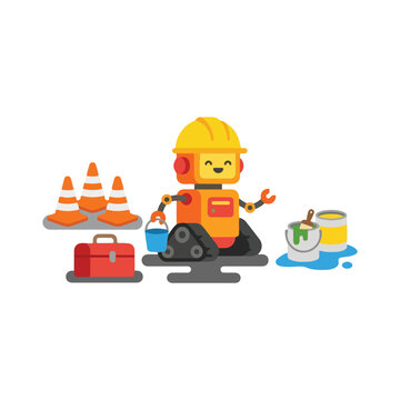 A cute builder robot wearing a yellow hard hat stands with paint buckets, a toolbox, and traffic cones around it.