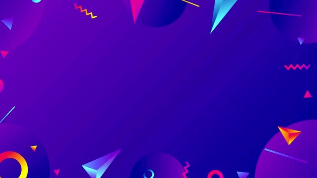 Memphis style geometric shapes create a trendy retro border frame over a vibrant purple gradient backdrop.