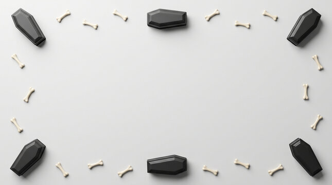 Black coffins and white bones arranged as a frame on a light gray background