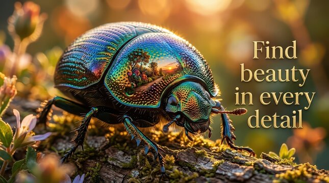 Close-up of a metallic iridescent beetle on tree bark with colorful reflections and text "Find beauty in every detail"