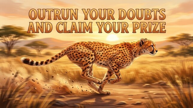 Cheetah running at full speed across savanna at sunset with motivational text 'Outrun Your Doubts and Claim Your Prize'