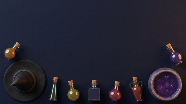 Halloween background with witch hat and magic potion bottles on dark fabric texture