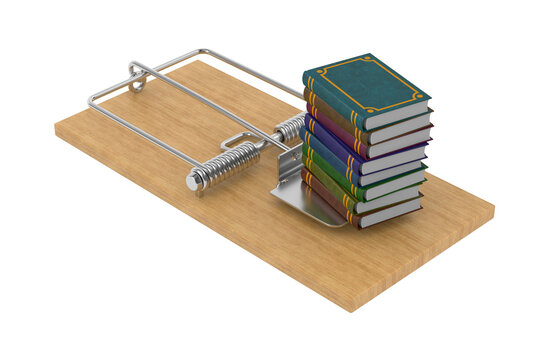 Mousetrap secures colorful book stack on timber board. Isolated 3D illustration