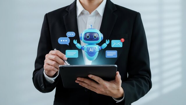 Business using tablet with artificial intelligence chatbot hologram for automated customer service and digital communication management