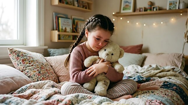 Young girl with braided hair crying while hugging a teddy bear on a bed