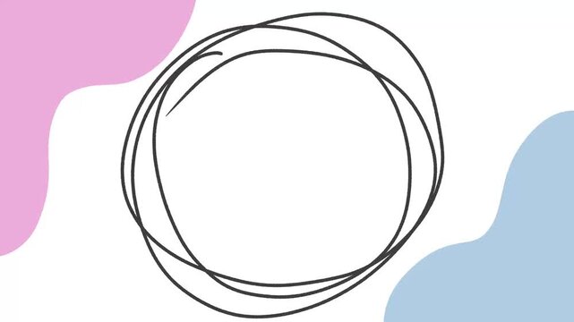 Abstract handdrawn circular scribble frame with pastel pink and blue shapes on white background design.