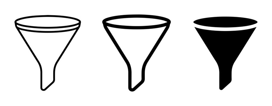 Funnel Icons Set: Outline, Line Art, and Solid Black Vector Graphics for Filtering and Sorting