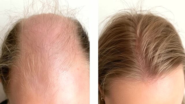 Split-screen close-up of woman's head with sparse strands and exposed scalp before therapy versus fuller density after successful treatment, female alopecia, hair loss recovery, follicular regeneratio