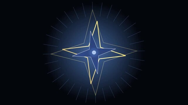 Futuristic star compass motion graphic with HUD elements and glowing lines on dark blue background