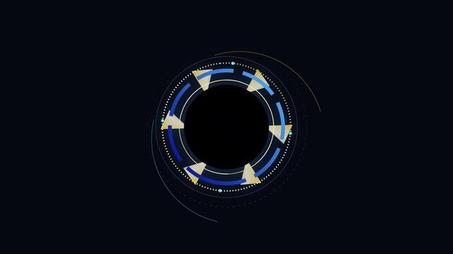 Futuristic HUD interface with rotating golden triangles and blue digital circles on dark background