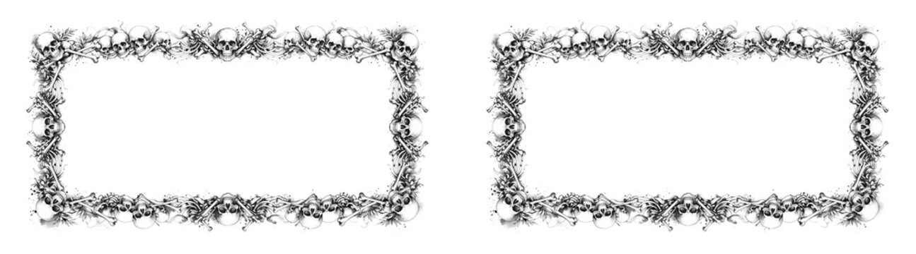 Gothic skull border frames decorated with intricate crossbones, baroque floral ornaments, and detailed sketch artwork for Halloween, dark art, banner designs, isolated on a transparent background PNG.