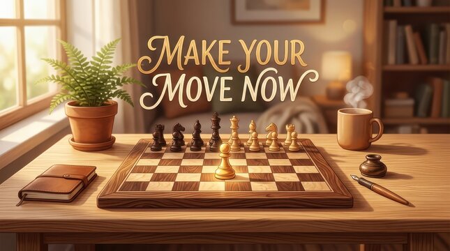 Chessboard with pieces set up for a game, a notebook, pen, and a steaming mug of coffee on a wooden table, inspiring strategic thinking and action.