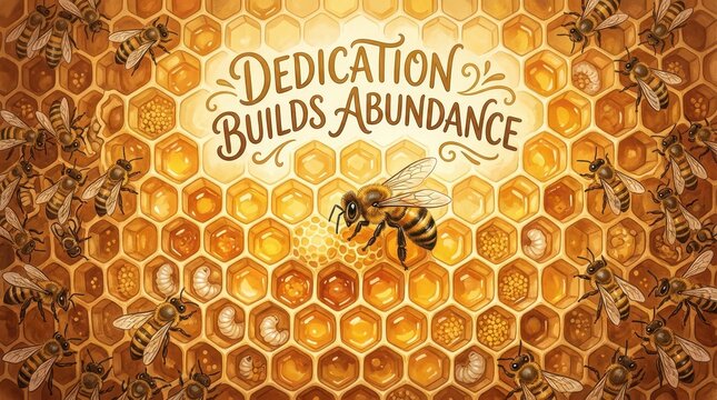 DEDICATION BUILDS ABUNDANCE handwritten text above a detailed illustration of a beehive with bees and larvae