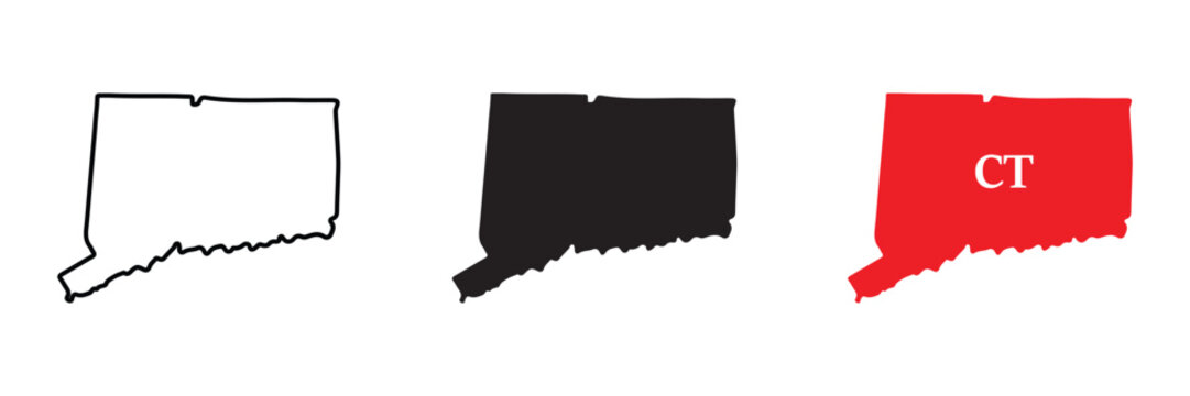 Three variations of the connecticut state map outline, including a black line a solid black silhouette, and a red shape with ct