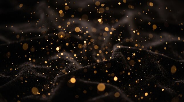 Abstract background featuring a dark scene with many glowing golden bokeh lights and soft textures
