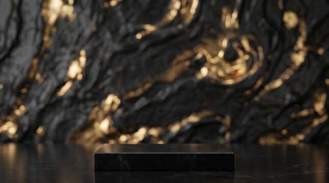 Empty black podium stage with golden liquid marble texture background for luxury product display presentation