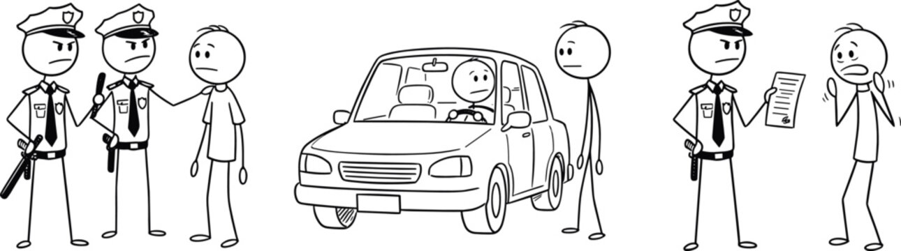 Black and white stick figure cartoon showing police officers and civilians in traffic stop enforcement and law scene