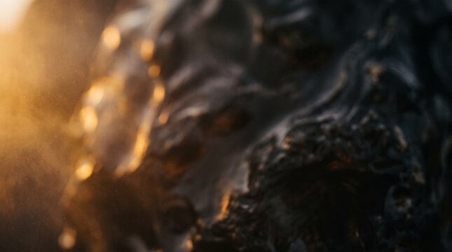 Abstract macro close up of dark textured organic material with warm golden light side illumination