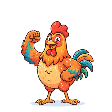 Cute Strong Rooster Flexing Biceps Muscle Vector Illustration