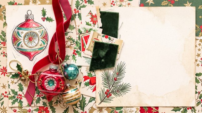 Vintage Christmas Holiday Background with Ornaments and Copy Space