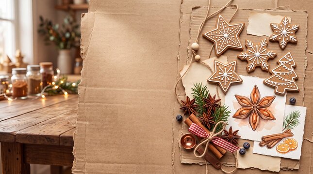 Christmas Gingerbread Cookies and Spices with Copy Space