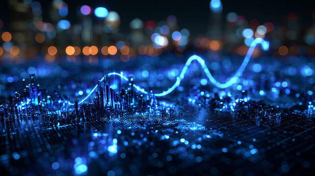 Glowing Financial Graph Line Over Digital City Data Network