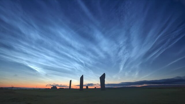 4k Time lapse of Noculent clouds iat the Standing stones of Steness in Orkney.