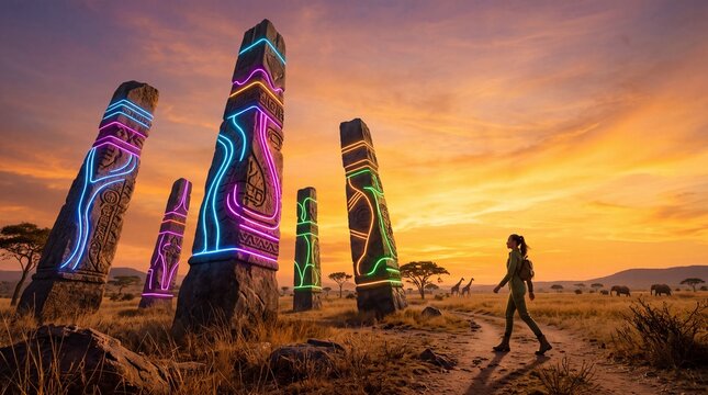 Female Explorer Walking Past Glowing Ancient Monoliths at Sunset