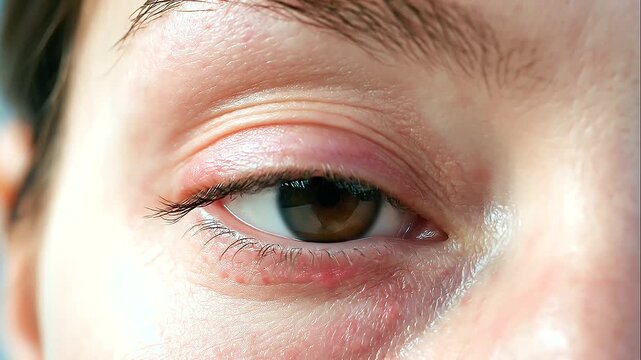Close-up female face with visible redness beneath both eyes and along the upper lids, dry sensitive surface and localized inflammation, atopic dermatitis, periocular rash, eyelid inflammation, skin ba