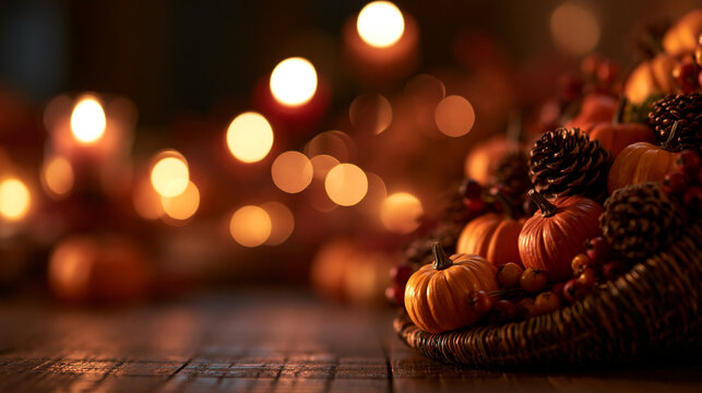 Thanksgiving Harvest Cornucopia with Pumpkins on Wooden Table