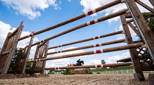 Equestrian Show Jumping Obstacle with Horse and Rider in Arena